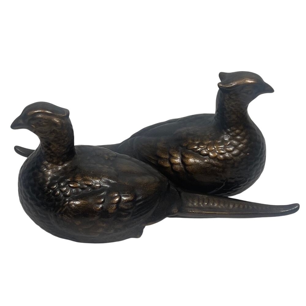 1969 Artist Signed Zell Ceramic Pheasant Figurines Pair Gold Bronze MCM Decor